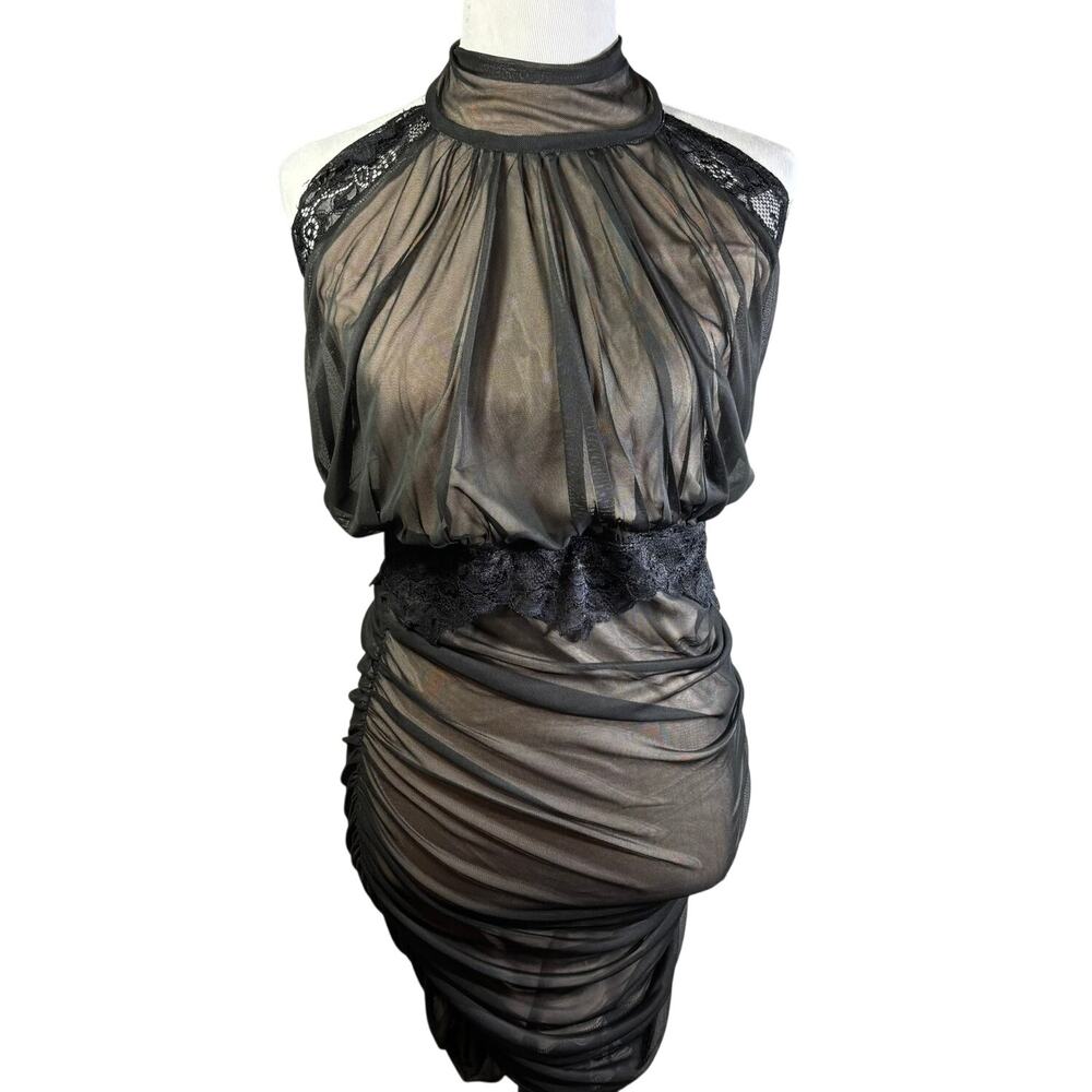 Venus Ruched Mesh Bodycon Dress Black Women's Size XS Sexy Party Dressy Cocktail